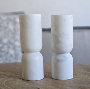CB2 White Marble Pinch Taper Candle Holders - Set of 2